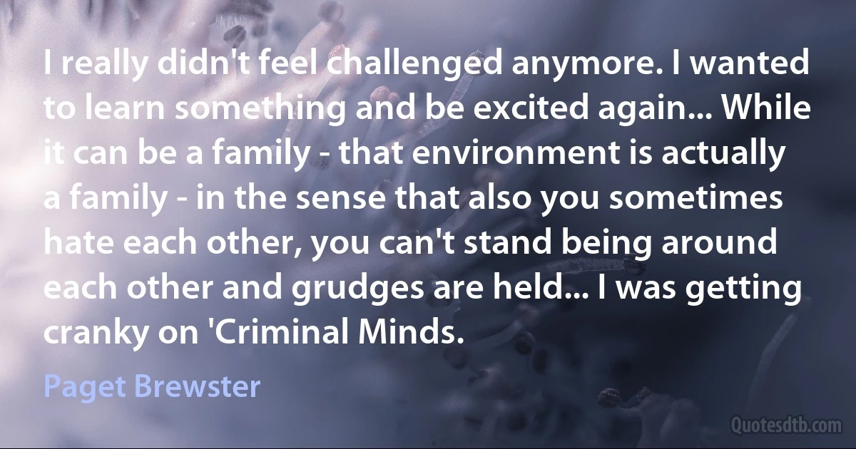 I really didn't feel challenged anymore. I wanted to learn something and be excited again... While it can be a family - that environment is actually a family - in the sense that also you sometimes hate each other, you can't stand being around each other and grudges are held... I was getting cranky on 'Criminal Minds. (Paget Brewster)