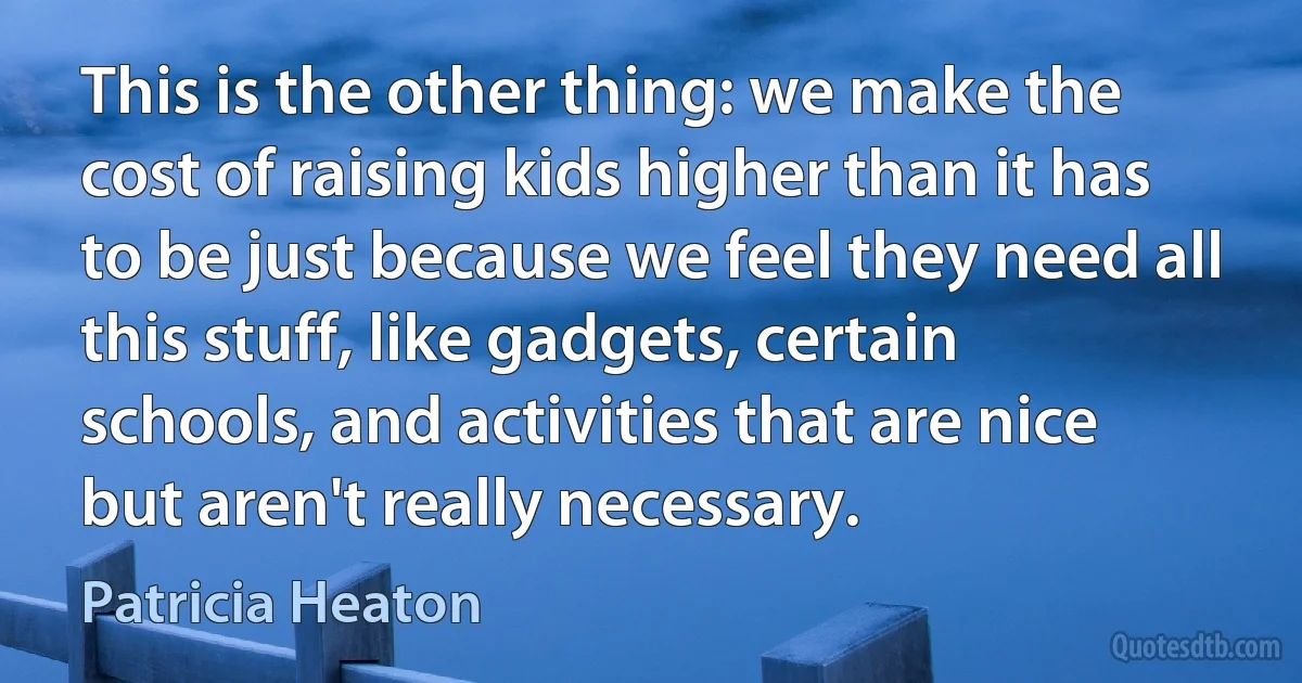 This is the other thing: we make the cost of raising kids higher than it has to be just because we feel they need all this stuff, like gadgets, certain schools, and activities that are nice but aren't really necessary. (Patricia Heaton)