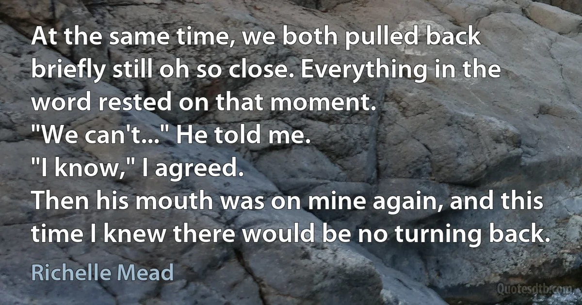 At the same time, we both pulled back briefly still oh so close. Everything in the word rested on that moment.
"We can't..." He told me.
"I know," I agreed.
Then his mouth was on mine again, and this time I knew there would be no turning back. (Richelle Mead)