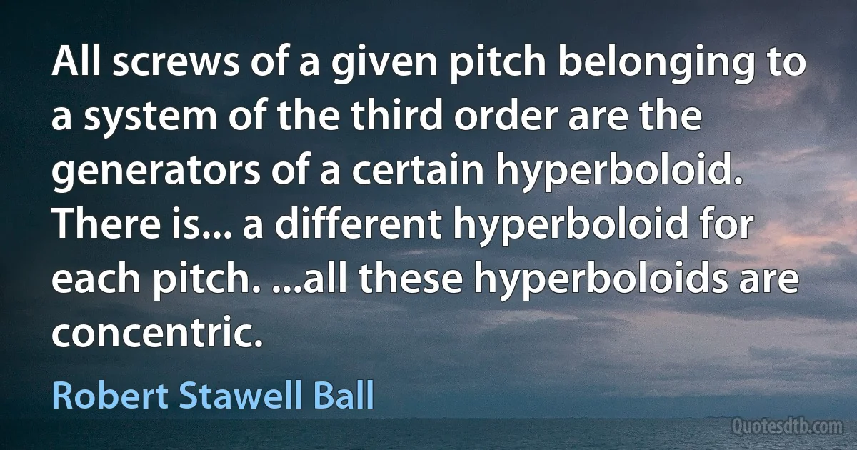 All screws of a given pitch belonging to a system of the third order are the generators of a certain hyperboloid. There is... a different hyperboloid for each pitch. ...all these hyperboloids are concentric. (Robert Stawell Ball)