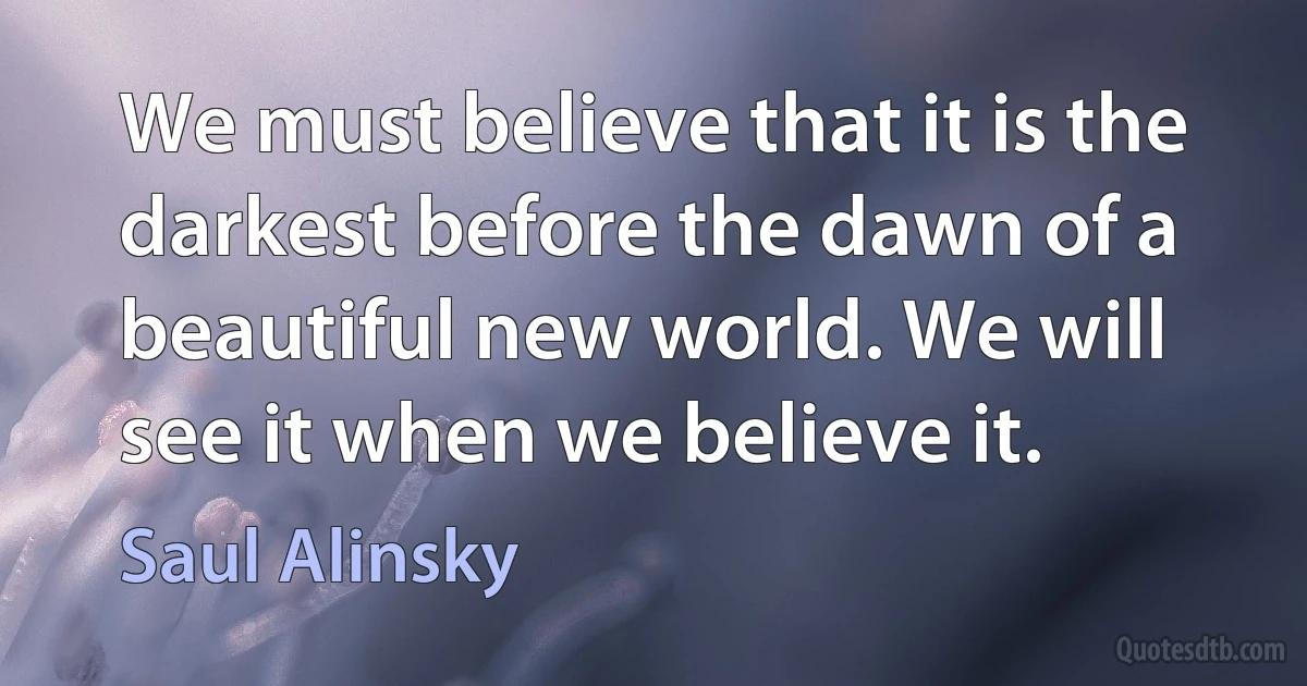 We must believe that it is the darkest before the dawn of a beautiful new world. We will see it when we believe it. (Saul Alinsky)