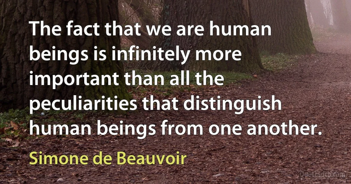 The fact that we are human beings is infinitely more important than all the peculiarities that distinguish human beings from one another. (Simone de Beauvoir)