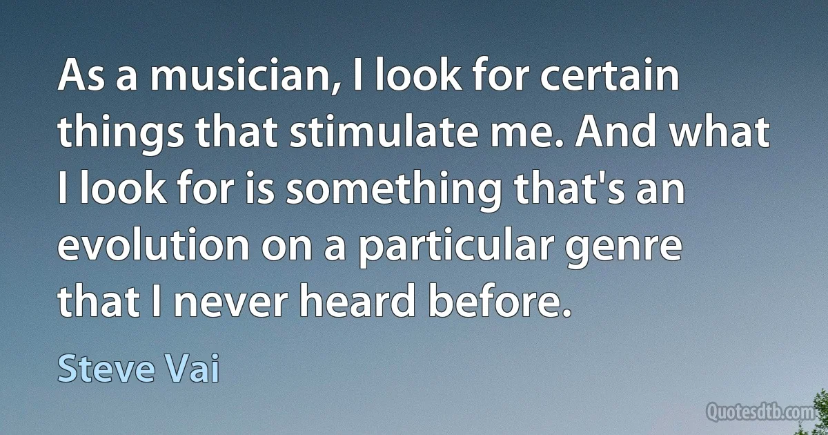 As a musician, I look for certain things that stimulate me. And what I look for is something that's an evolution on a particular genre that I never heard before. (Steve Vai)