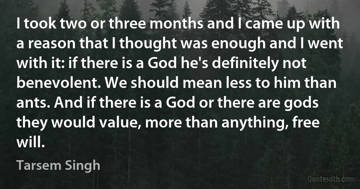 I took two or three months and I came up with a reason that I thought was enough and I went with it: if there is a God he's definitely not benevolent. We should mean less to him than ants. And if there is a God or there are gods they would value, more than anything, free will. (Tarsem Singh)