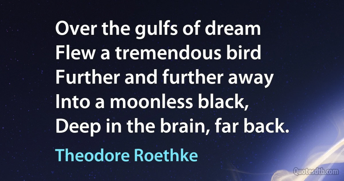 Over the gulfs of dream
Flew a tremendous bird
Further and further away
Into a moonless black,
Deep in the brain, far back. (Theodore Roethke)