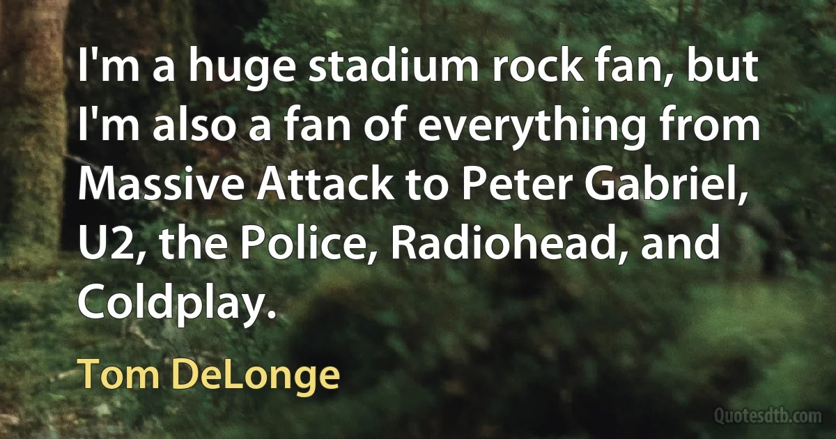 I'm a huge stadium rock fan, but I'm also a fan of everything from Massive Attack to Peter Gabriel, U2, the Police, Radiohead, and Coldplay. (Tom DeLonge)