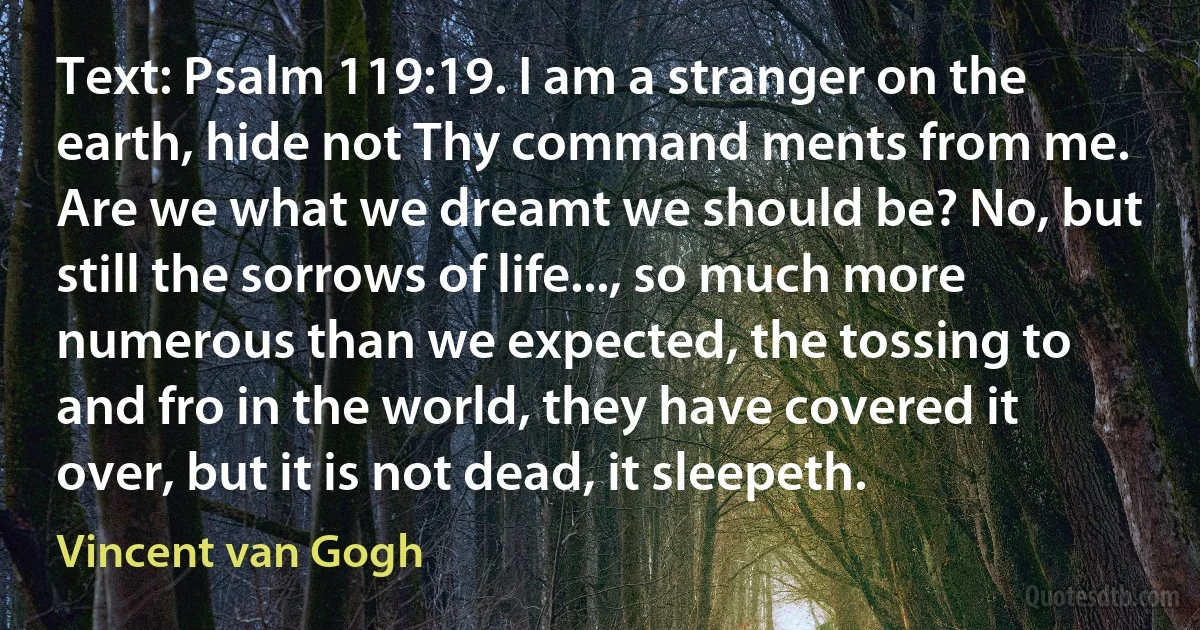 Text: Psalm 119:19. I am a stranger on the earth, hide not Thy command ments from me.
Are we what we dreamt we should be? No, but still the sorrows of life..., so much more numerous than we expected, the tossing to and fro in the world, they have covered it over, but it is not dead, it sleepeth. (Vincent van Gogh)