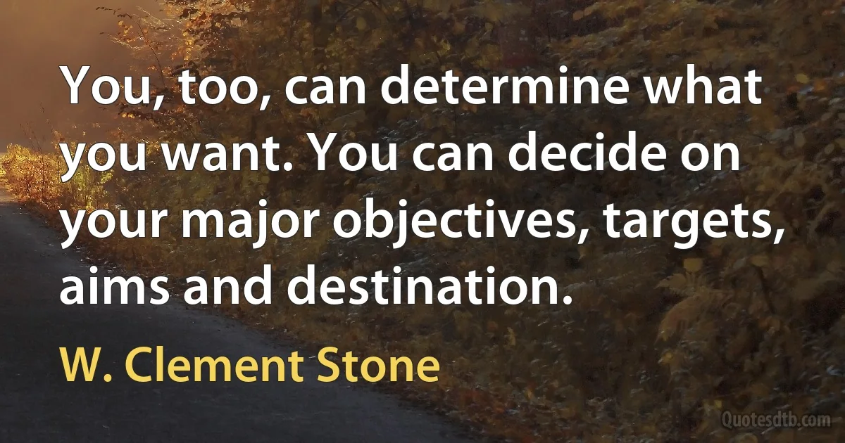 You, too, can determine what you want. You can decide on your major objectives, targets, aims and destination. (W. Clement Stone)