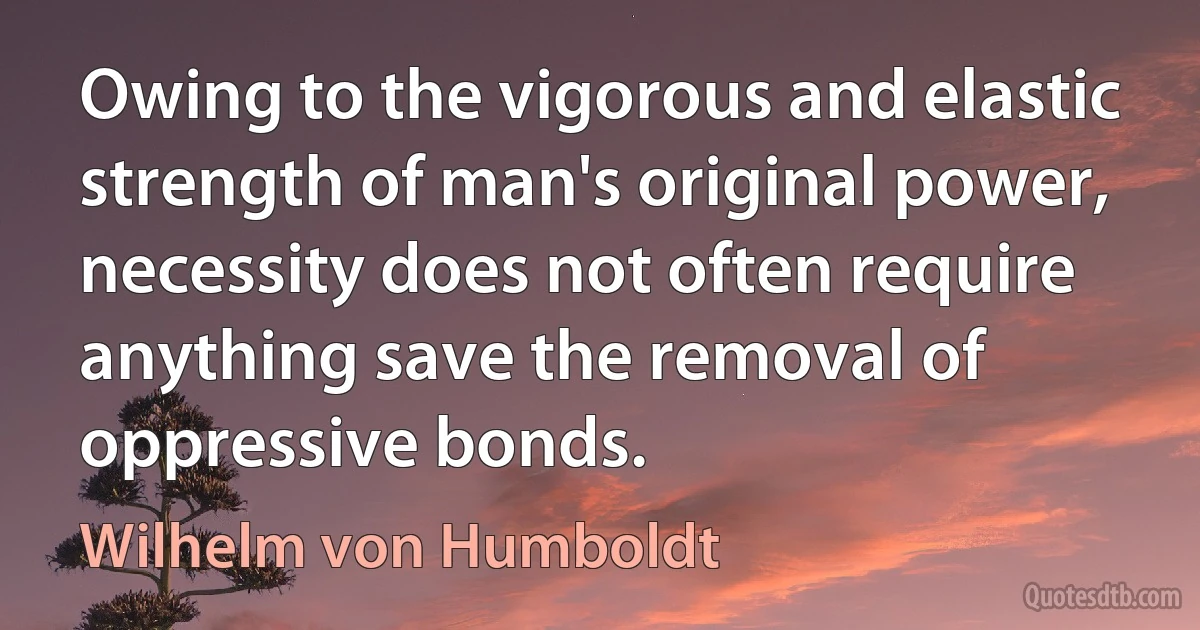 Owing to the vigorous and elastic strength of man's original power, necessity does not often require anything save the removal of oppressive bonds. (Wilhelm von Humboldt)