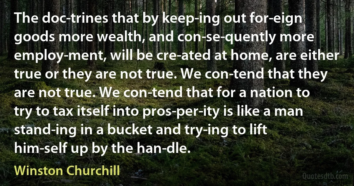 The doc­trines that by keep­ing out for­eign goods more wealth, and con­se­quently more employ­ment, will be cre­ated at home, are either true or they are not true. We con­tend that they are not true. We con­tend that for a nation to try to tax itself into pros­per­ity is like a man stand­ing in a bucket and try­ing to lift him­self up by the han­dle. (Winston Churchill)