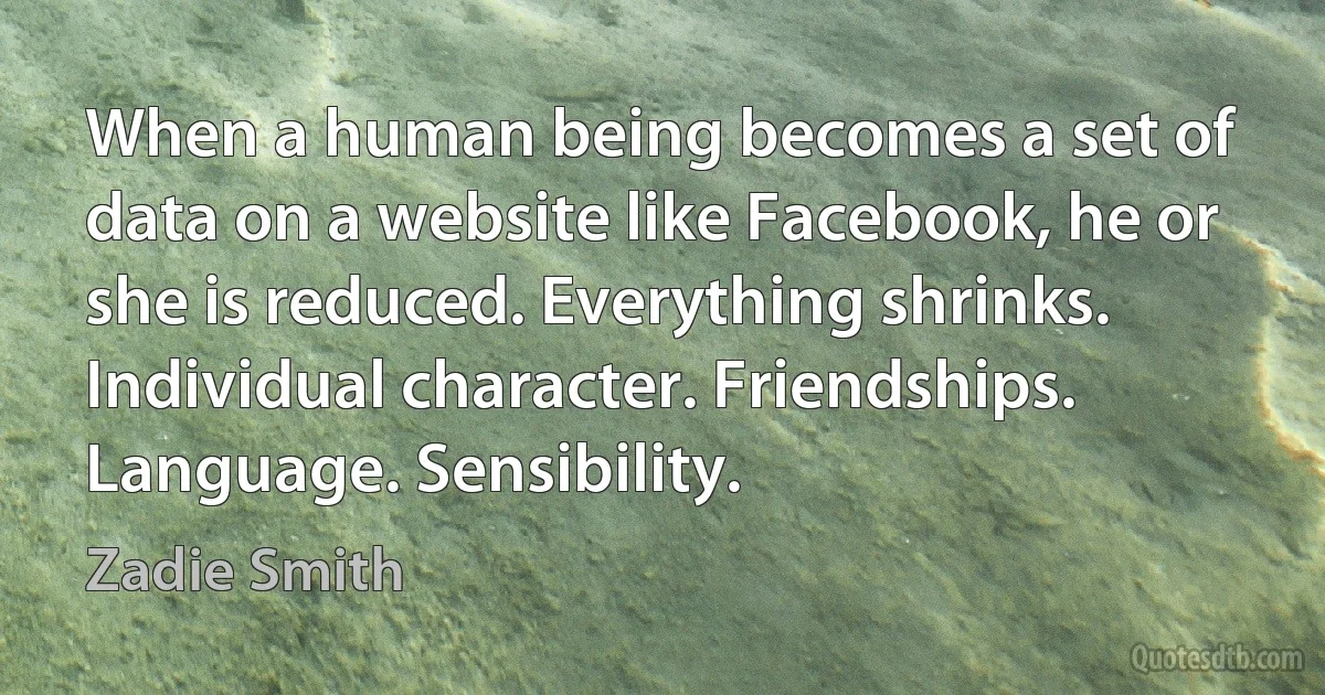 When a human being becomes a set of data on a website like Facebook, he or she is reduced. Everything shrinks. Individual character. Friendships. Language. Sensibility. (Zadie Smith)