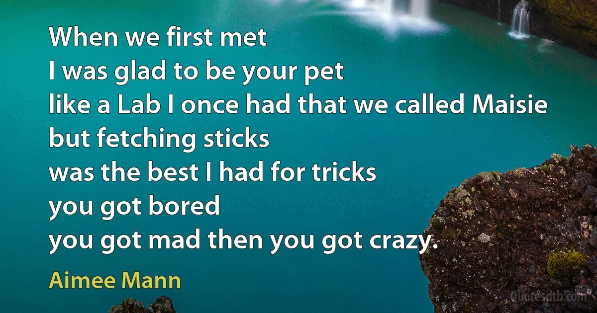 When we first met
I was glad to be your pet
like a Lab I once had that we called Maisie
but fetching sticks
was the best I had for tricks
you got bored
you got mad then you got crazy. (Aimee Mann)