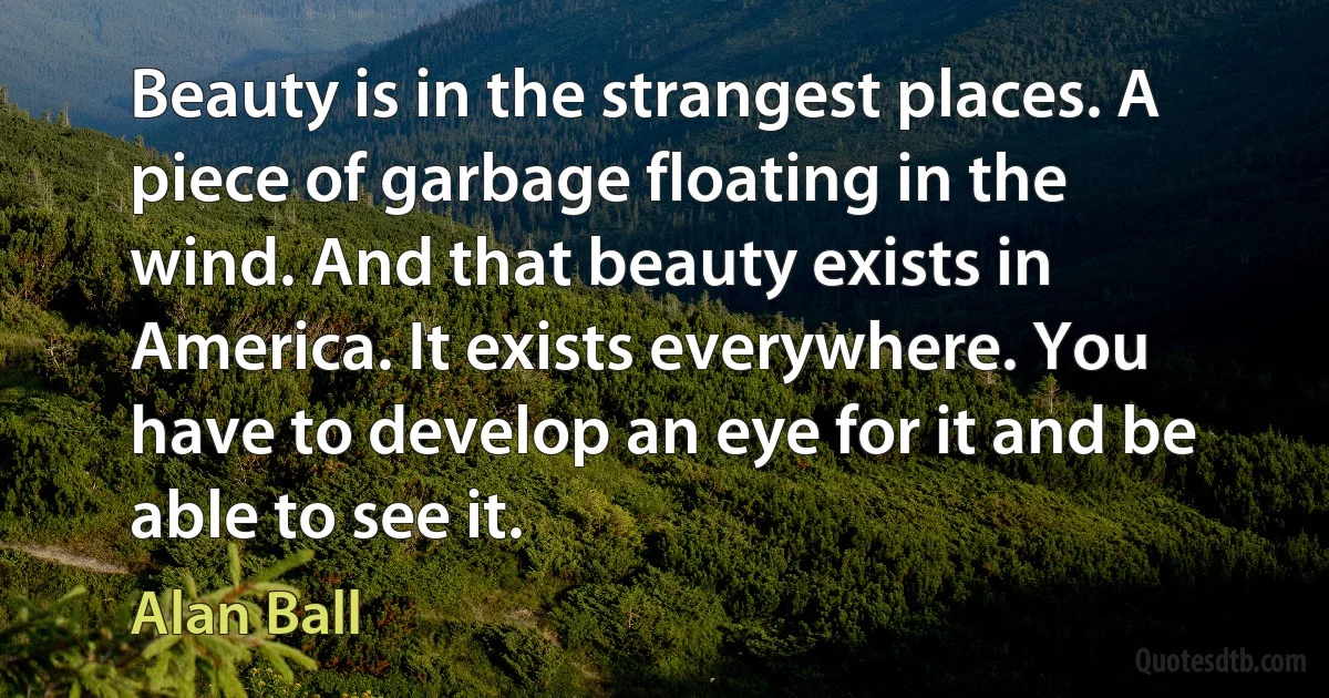 Beauty is in the strangest places. A piece of garbage floating in the wind. And that beauty exists in America. It exists everywhere. You have to develop an eye for it and be able to see it. (Alan Ball)