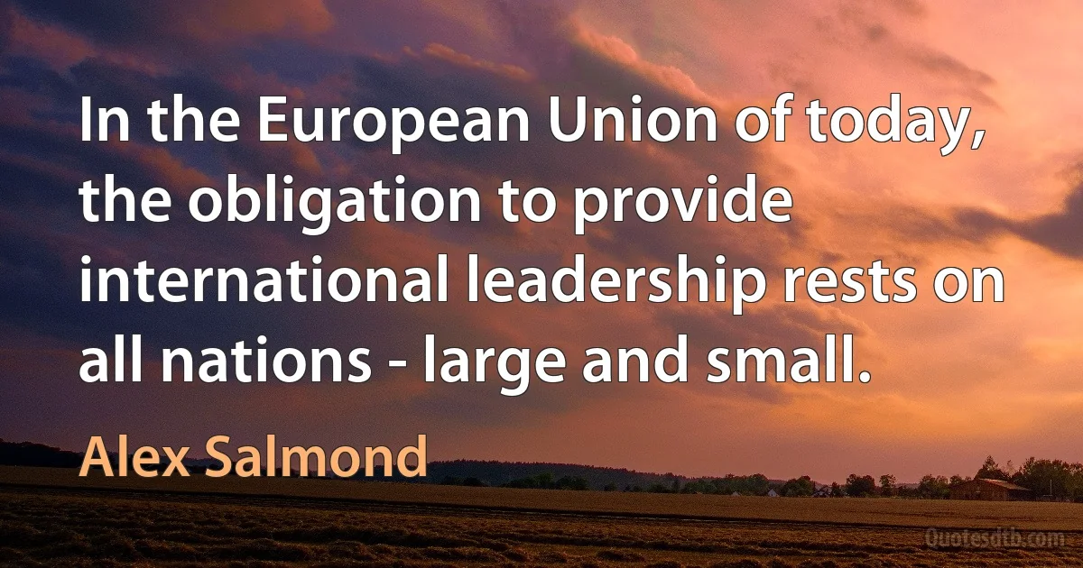 In the European Union of today, the obligation to provide international leadership rests on all nations - large and small. (Alex Salmond)