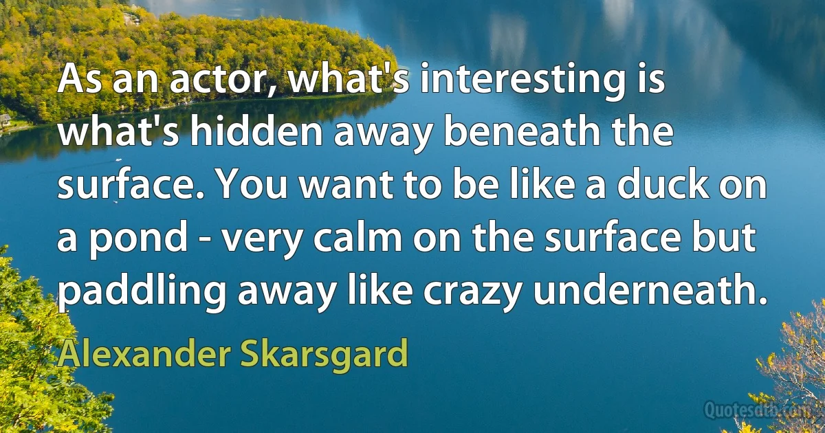 As an actor, what's interesting is what's hidden away beneath the surface. You want to be like a duck on a pond - very calm on the surface but paddling away like crazy underneath. (Alexander Skarsgard)