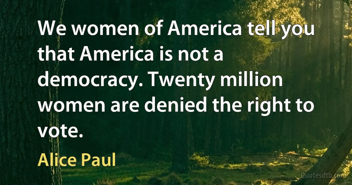 We women of America tell you that America is not a democracy. Twenty million women are denied the right to vote. (Alice Paul)