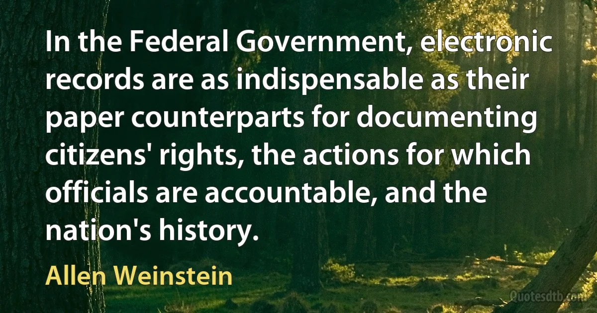 In the Federal Government, electronic records are as indispensable as their paper counterparts for documenting citizens' rights, the actions for which officials are accountable, and the nation's history. (Allen Weinstein)