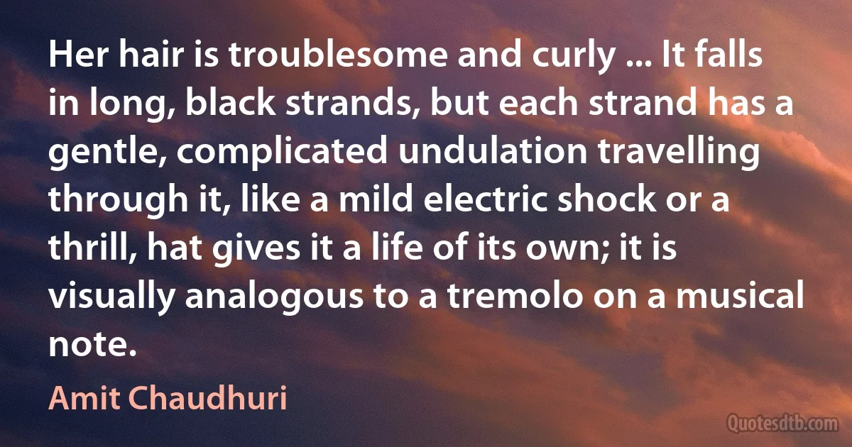 Her hair is troublesome and curly ... It falls in long, black strands, but each strand has a gentle, complicated undulation travelling through it, like a mild electric shock or a thrill, hat gives it a life of its own; it is visually analogous to a tremolo on a musical note. (Amit Chaudhuri)