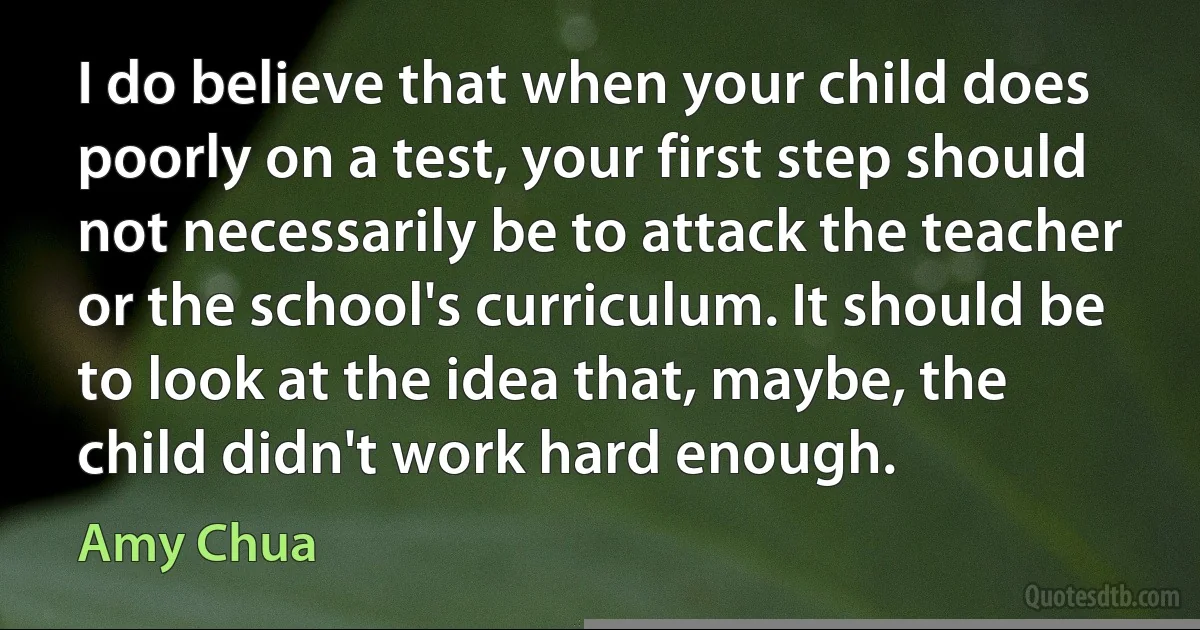 I do believe that when your child does poorly on a test, your first step should not necessarily be to attack the teacher or the school's curriculum. It should be to look at the idea that, maybe, the child didn't work hard enough. (Amy Chua)