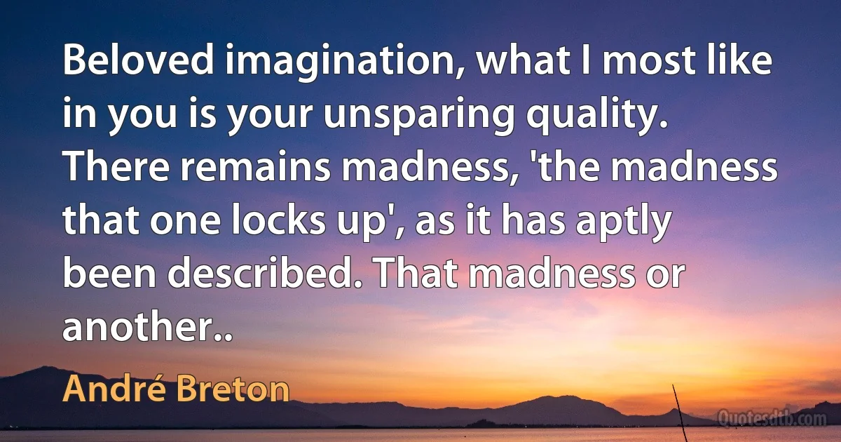 Beloved imagination, what I most like in you is your unsparing quality. There remains madness, 'the madness that one locks up', as it has aptly been described. That madness or another.. (André Breton)