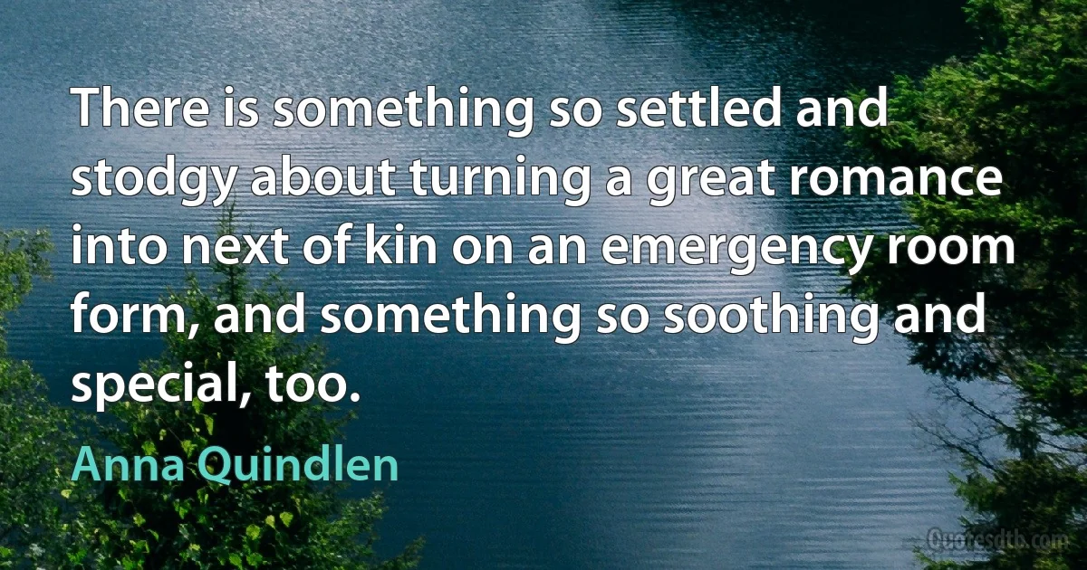 There is something so settled and stodgy about turning a great romance into next of kin on an emergency room form, and something so soothing and special, too. (Anna Quindlen)