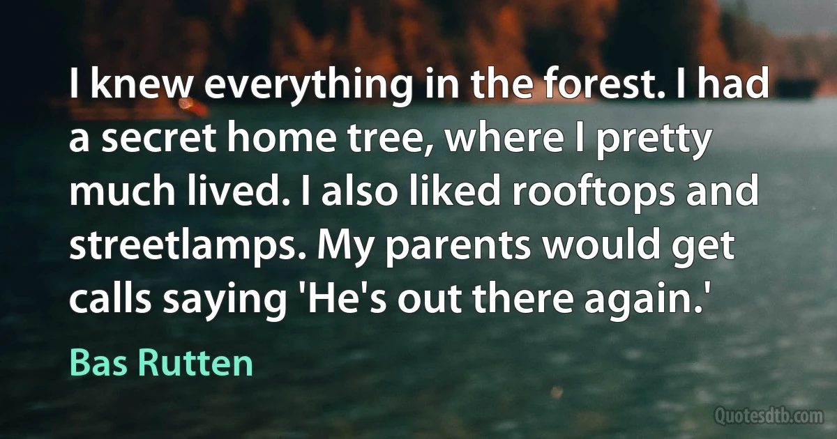 I knew everything in the forest. I had a secret home tree, where I pretty much lived. I also liked rooftops and streetlamps. My parents would get calls saying 'He's out there again.' (Bas Rutten)