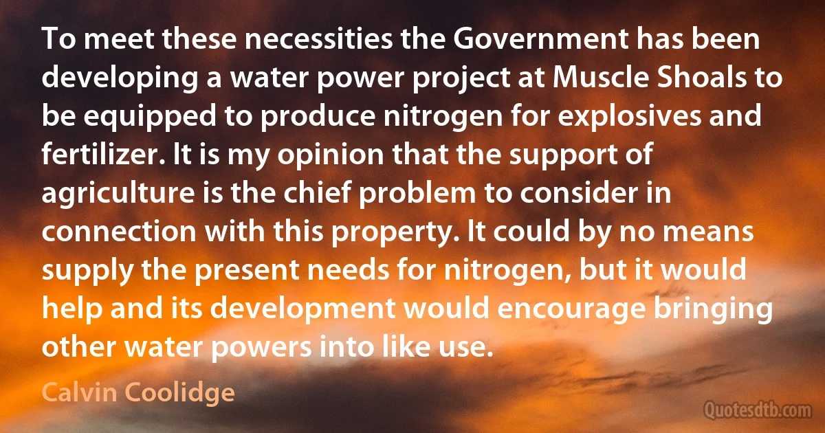 To meet these necessities the Government has been developing a water power project at Muscle Shoals to be equipped to produce nitrogen for explosives and fertilizer. It is my opinion that the support of agriculture is the chief problem to consider in connection with this property. It could by no means supply the present needs for nitrogen, but it would help and its development would encourage bringing other water powers into like use. (Calvin Coolidge)