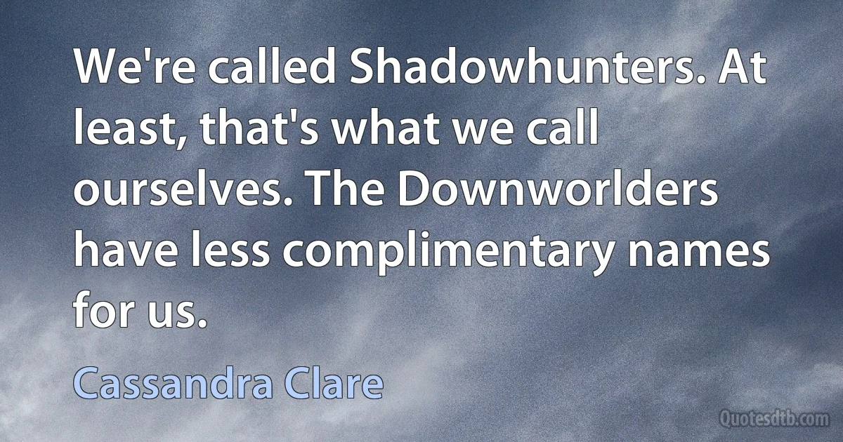 We're called Shadowhunters. At least, that's what we call ourselves. The Downworlders have less complimentary names for us. (Cassandra Clare)