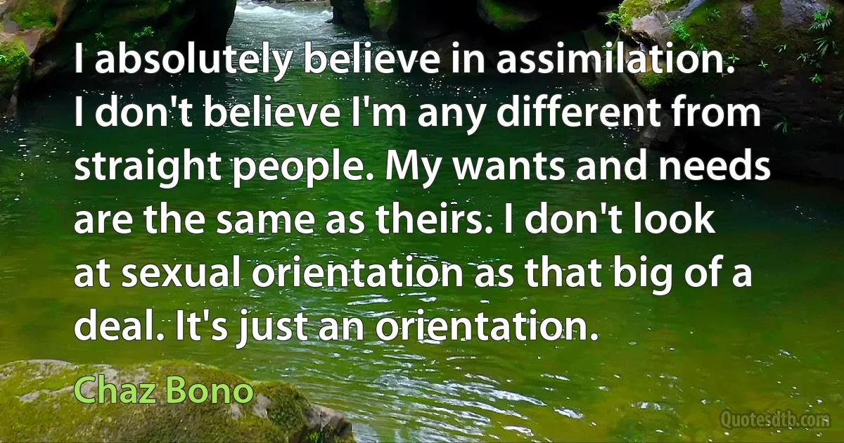 I absolutely believe in assimilation. I don't believe I'm any different from straight people. My wants and needs are the same as theirs. I don't look at sexual orientation as that big of a deal. It's just an orientation. (Chaz Bono)