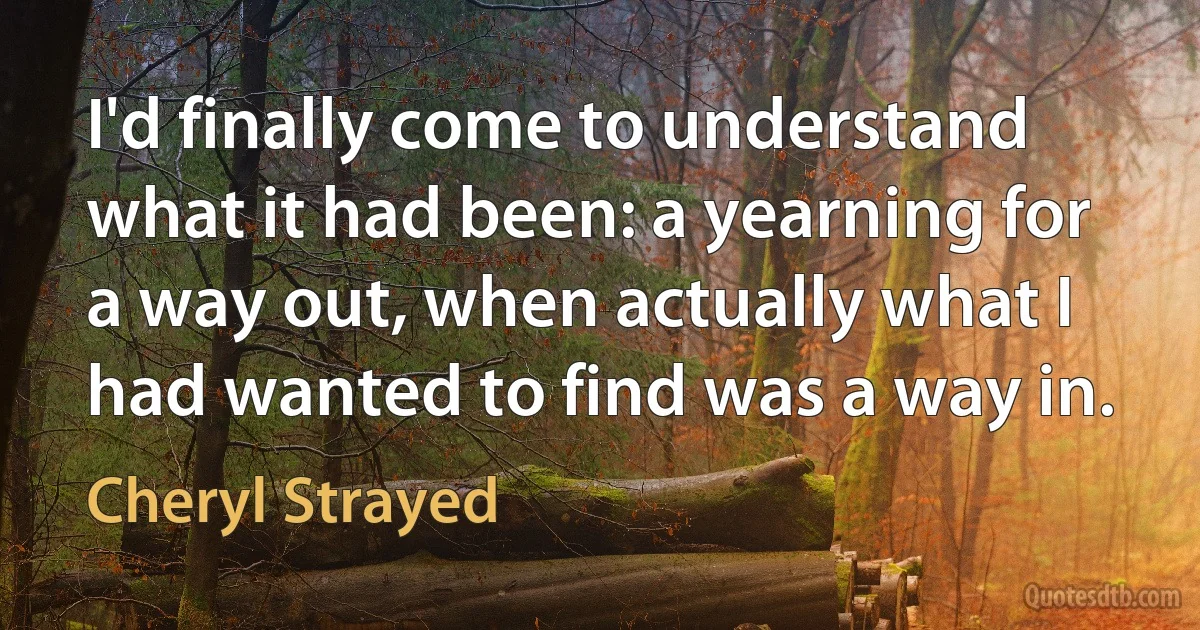 I'd finally come to understand what it had been: a yearning for a way out, when actually what I had wanted to find was a way in. (Cheryl Strayed)