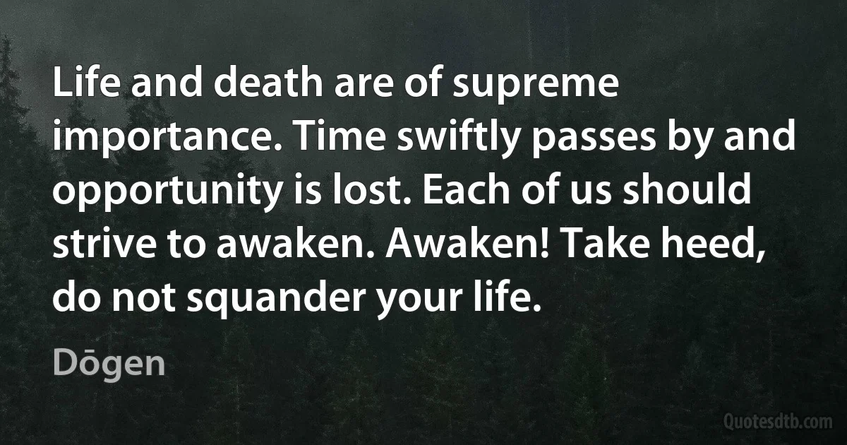 Life and death are of supreme importance. Time swiftly passes by and opportunity is lost. Each of us should strive to awaken. Awaken! Take heed, do not squander your life. (Dōgen)