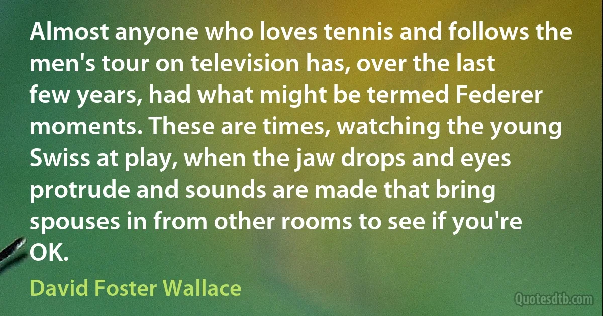 Almost anyone who loves tennis and follows the men's tour on television has, over the last few years, had what might be termed Federer moments. These are times, watching the young Swiss at play, when the jaw drops and eyes protrude and sounds are made that bring spouses in from other rooms to see if you're OK. (David Foster Wallace)