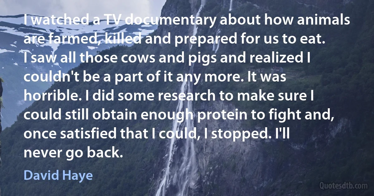 I watched a TV documentary about how animals are farmed, killed and prepared for us to eat. I saw all those cows and pigs and realized I couldn't be a part of it any more. It was horrible. I did some research to make sure I could still obtain enough protein to fight and, once satisfied that I could, I stopped. I'll never go back. (David Haye)