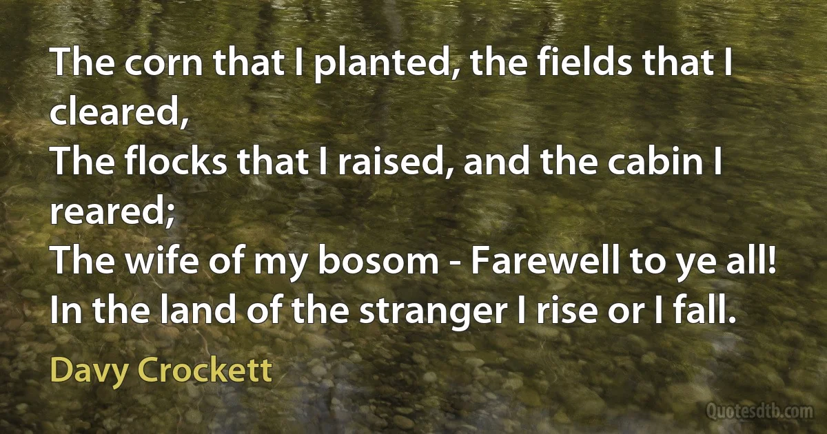 The corn that I planted, the fields that I cleared,
The flocks that I raised, and the cabin I reared;
The wife of my bosom - Farewell to ye all!
In the land of the stranger I rise or I fall. (Davy Crockett)