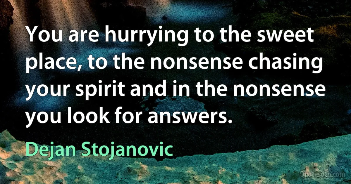 You are hurrying to the sweet place, to the nonsense chasing your spirit and in the nonsense you look for answers. (Dejan Stojanovic)