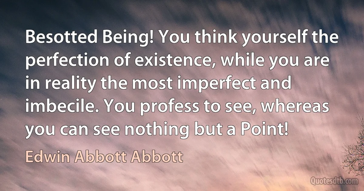 Besotted Being! You think yourself the perfection of existence, while you are in reality the most imperfect and imbecile. You profess to see, whereas you can see nothing but a Point! (Edwin Abbott Abbott)