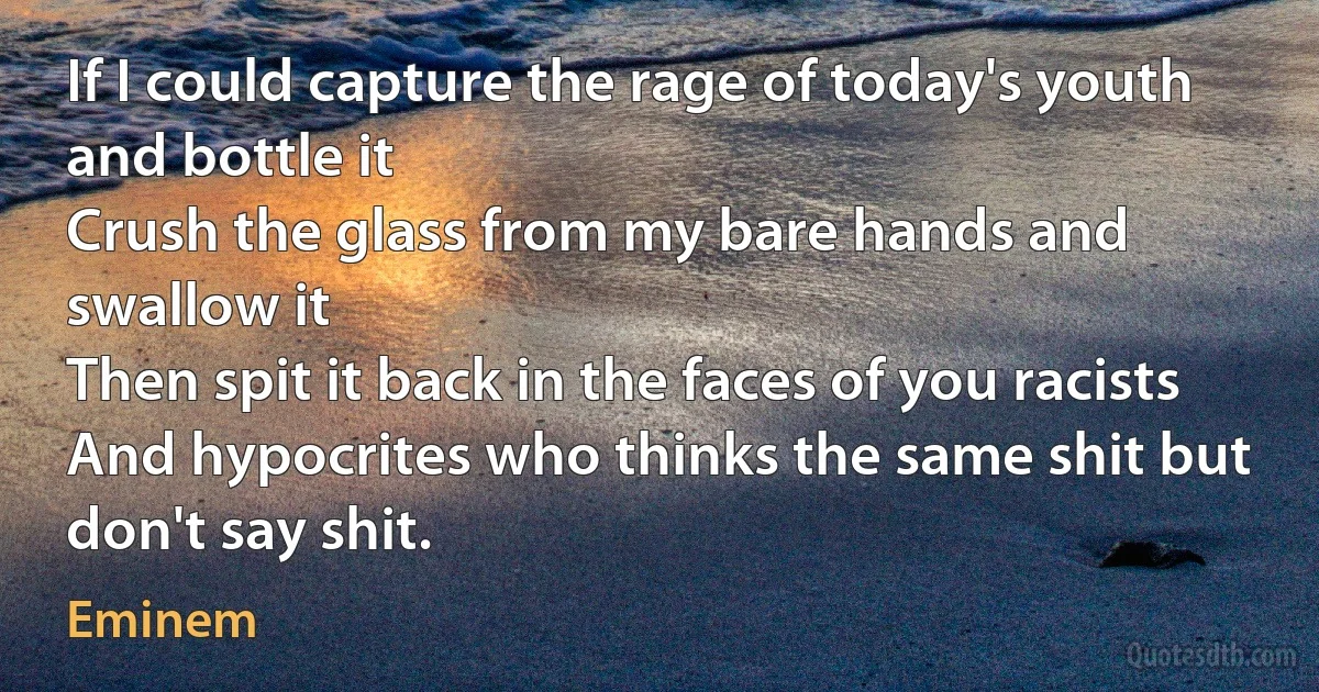 If I could capture the rage of today's youth and bottle it
Crush the glass from my bare hands and swallow it
Then spit it back in the faces of you racists
And hypocrites who thinks the same shit but don't say shit. (Eminem)