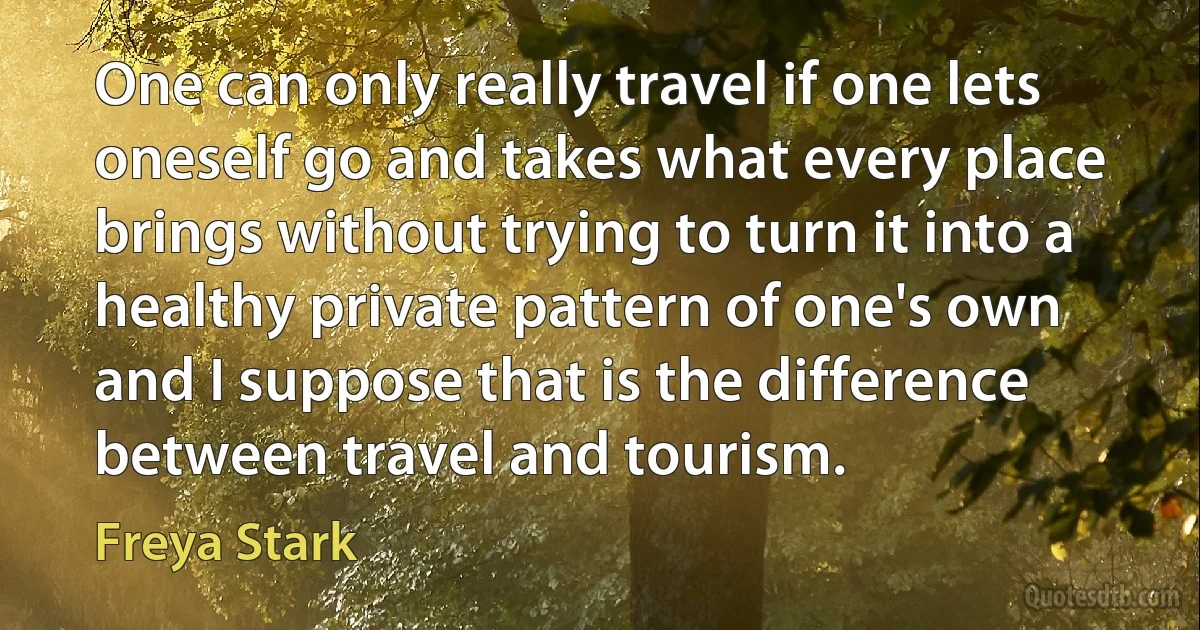 One can only really travel if one lets oneself go and takes what every place brings without trying to turn it into a healthy private pattern of one's own and I suppose that is the difference between travel and tourism. (Freya Stark)