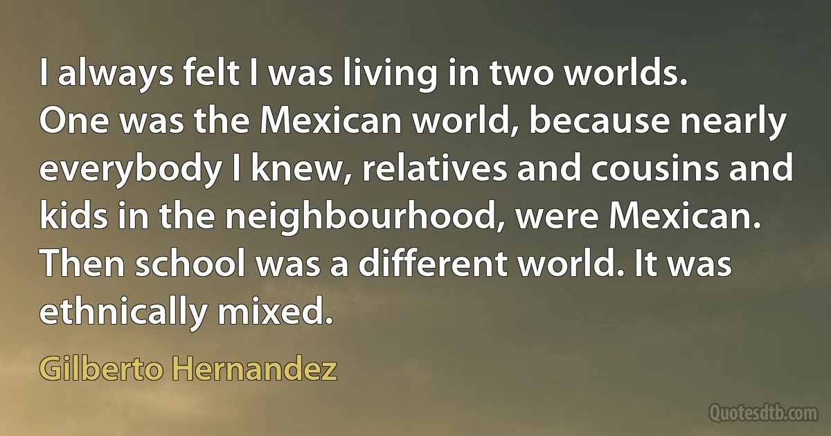 I always felt I was living in two worlds. One was the Mexican world, because nearly everybody I knew, relatives and cousins and kids in the neighbourhood, were Mexican. Then school was a different world. It was ethnically mixed. (Gilberto Hernandez)