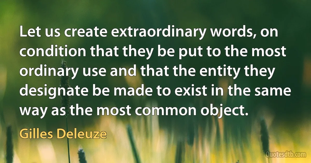 Let us create extraordinary words, on condition that they be put to the most ordinary use and that the entity they designate be made to exist in the same way as the most common object. (Gilles Deleuze)