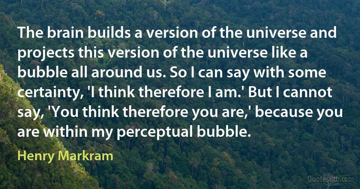 The brain builds a version of the universe and projects this version of the universe like a bubble all around us. So I can say with some certainty, 'I think therefore I am.' But I cannot say, 'You think therefore you are,' because you are within my perceptual bubble. (Henry Markram)