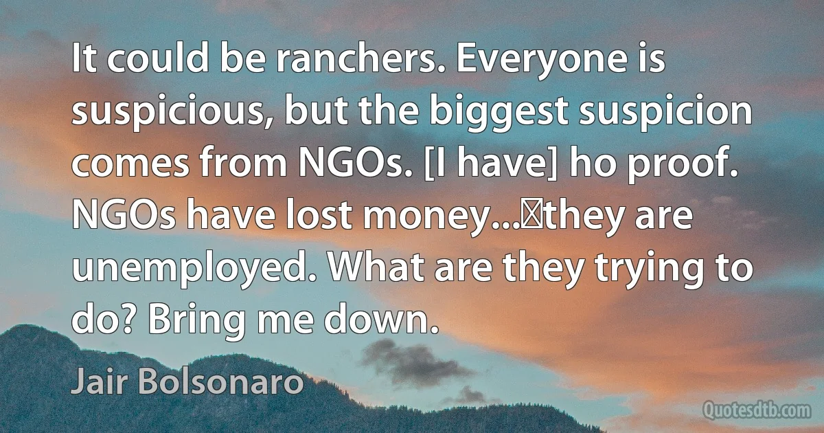 It could be ranchers. Everyone is suspicious, but the biggest suspicion comes from NGOs. [I have] ho proof. NGOs have lost money... they are unemployed. What are they trying to do? Bring me down. (Jair Bolsonaro)