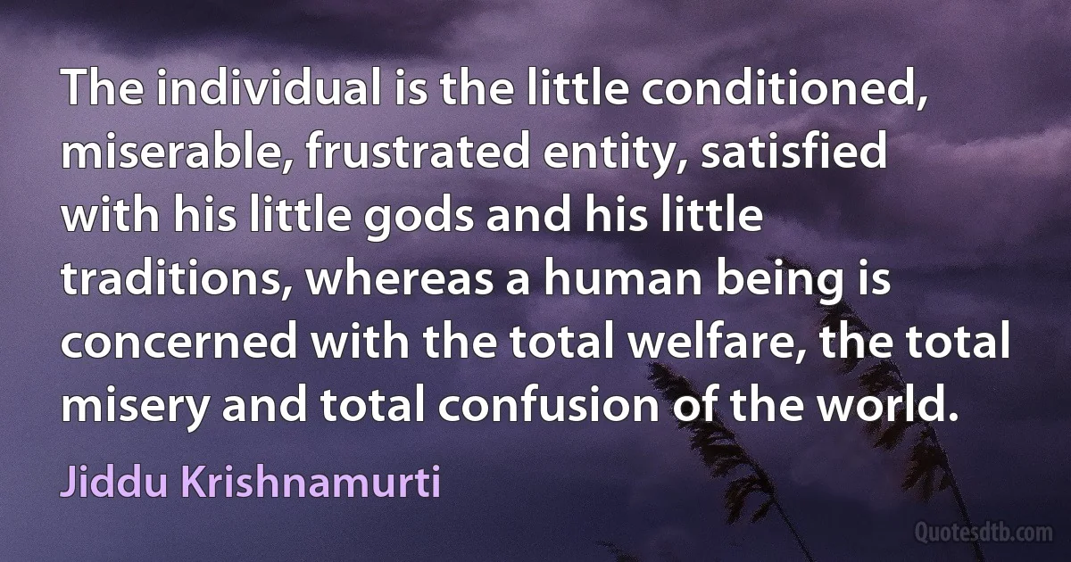 The individual is the little conditioned, miserable, frustrated entity, satisfied with his little gods and his little traditions, whereas a human being is concerned with the total welfare, the total misery and total confusion of the world. (Jiddu Krishnamurti)