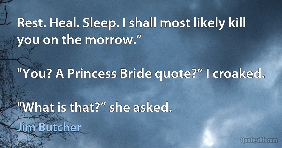 Rest. Heal. Sleep. I shall most likely kill you on the morrow.”

"You? A Princess Bride quote?” I croaked.

"What is that?” she asked. (Jim Butcher)