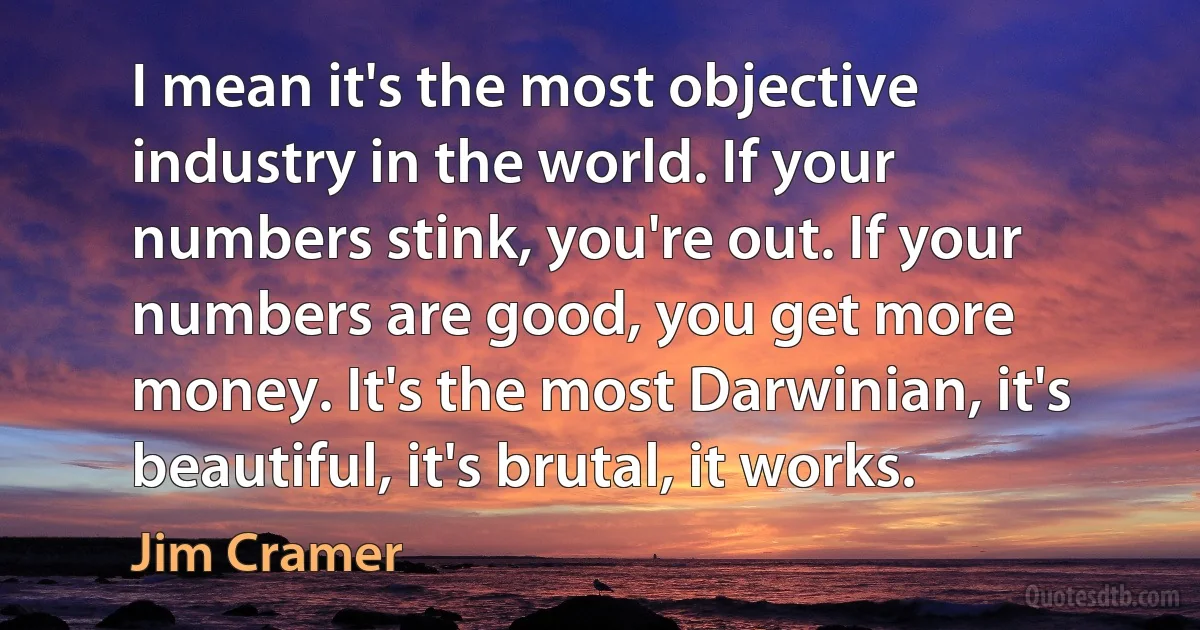 I mean it's the most objective industry in the world. If your numbers stink, you're out. If your numbers are good, you get more money. It's the most Darwinian, it's beautiful, it's brutal, it works. (Jim Cramer)