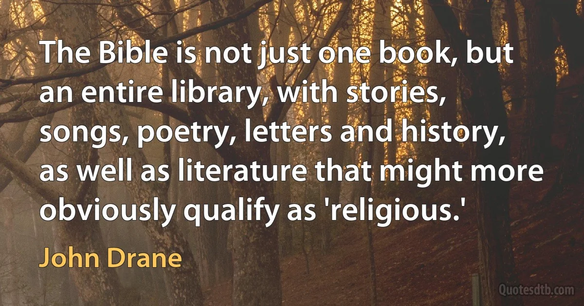 The Bible is not just one book, but an entire library, with stories, songs, poetry, letters and history, as well as literature that might more obviously qualify as 'religious.' (John Drane)