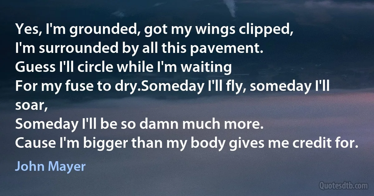 Yes, I'm grounded, got my wings clipped,
I'm surrounded by all this pavement.
Guess I'll circle while I'm waiting
For my fuse to dry.Someday I'll fly, someday I'll soar,
Someday I'll be so damn much more.
Cause I'm bigger than my body gives me credit for. (John Mayer)