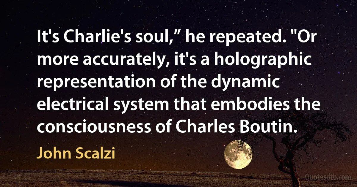 It's Charlie's soul,” he repeated. "Or more accurately, it's a holographic representation of the dynamic electrical system that embodies the consciousness of Charles Boutin. (John Scalzi)