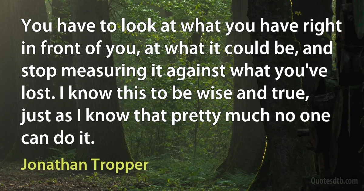 You have to look at what you have right in front of you, at what it could be, and stop measuring it against what you've lost. I know this to be wise and true, just as I know that pretty much no one can do it. (Jonathan Tropper)