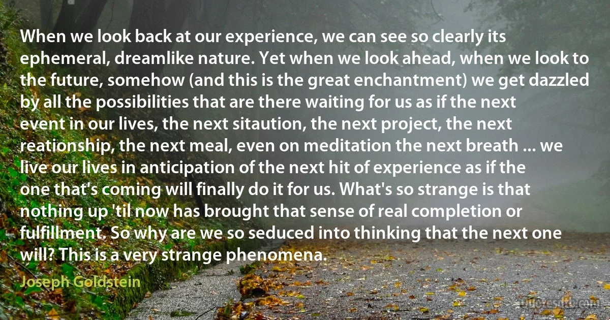 When we look back at our experience, we can see so clearly its ephemeral, dreamlike nature. Yet when we look ahead, when we look to the future, somehow (and this is the great enchantment) we get dazzled by all the possibilities that are there waiting for us as if the next event in our lives, the next sitaution, the next project, the next reationship, the next meal, even on meditation the next breath ... we live our lives in anticipation of the next hit of experience as if the one that's coming will finally do it for us. What's so strange is that nothing up 'til now has brought that sense of real completion or fulfillment. So why are we so seduced into thinking that the next one will? This is a very strange phenomena. (Joseph Goldstein)